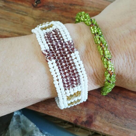 Beaded Herringbone Cross Rose Quartz Gemstone Bracelet 8 - Picture 2 of 5